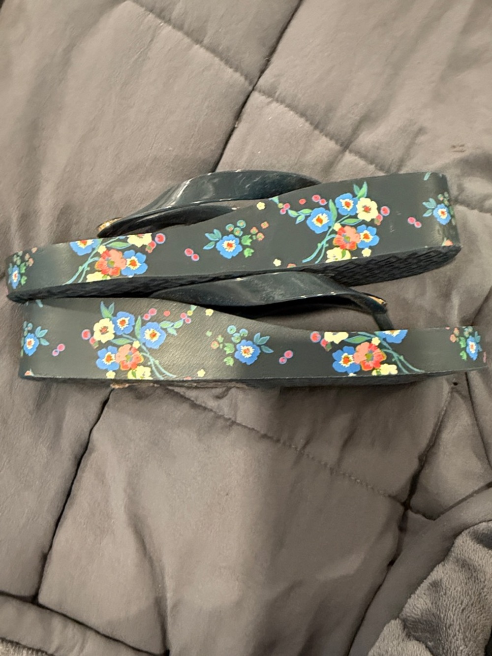 Tory Burch Wedge Navy Flip Flops with Multicolor Floral Print and Gold Logo